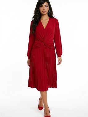 Nina Leonard Red Long-Sleeve Twist Front Pleated Midi Dress